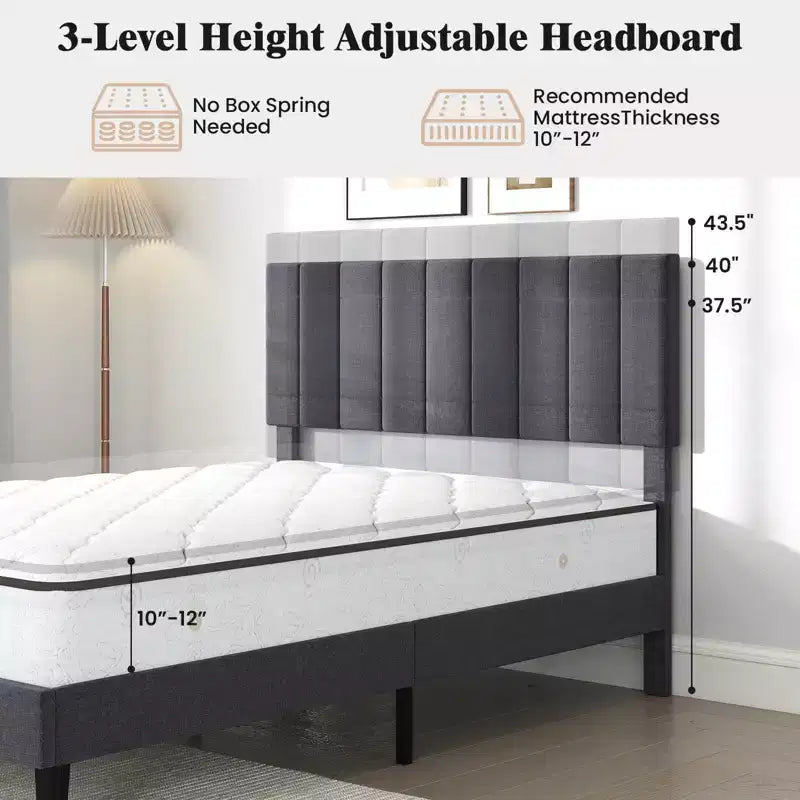 Cadre de lit double/grand lit/très grand lit avec tête de lit capitonnée verticale réglable en hauteur, sans bruit gris/beige