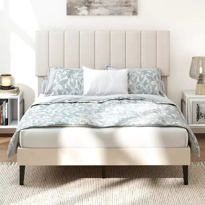 Cadre de lit double/grand lit/très grand lit avec tête de lit capitonnée verticale réglable en hauteur, sans bruit gris/beige