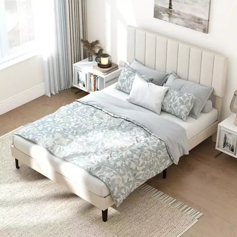 Cadre de lit double/grand lit/très grand lit avec tête de lit capitonnée verticale réglable en hauteur, sans bruit gris/beige