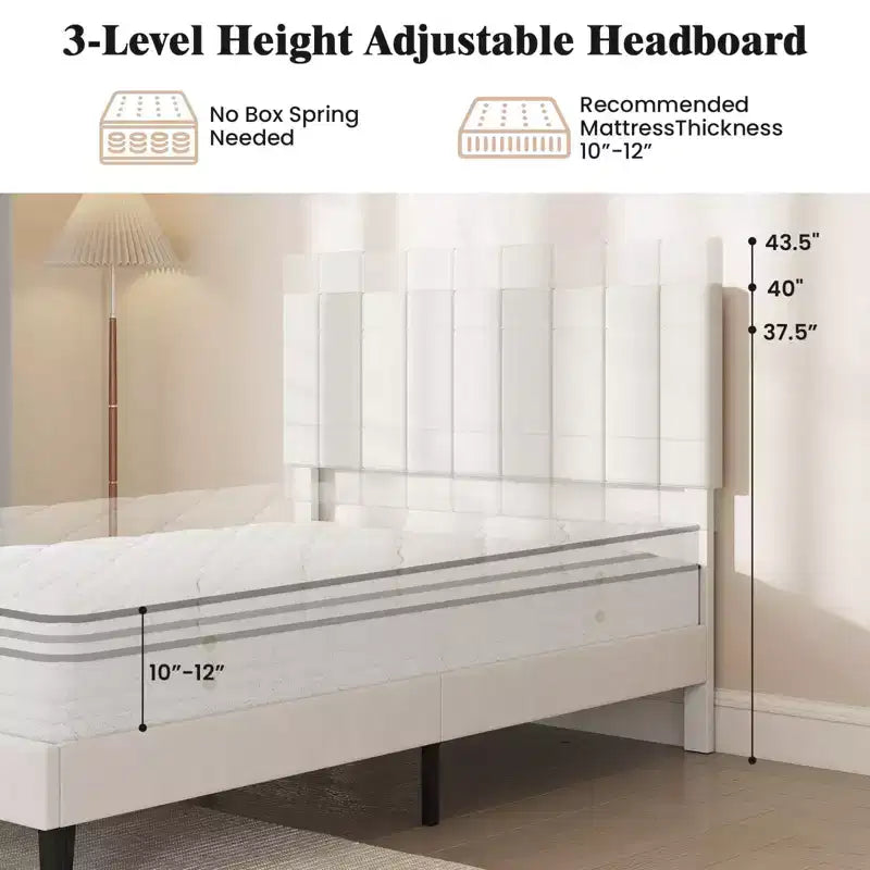 Cadre de lit double/grand lit/très grand lit avec tête de lit capitonnée verticale réglable en hauteur, sans bruit gris/beige