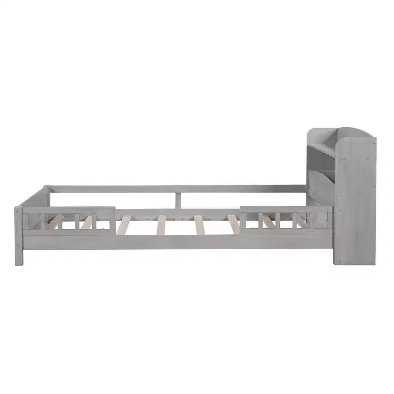 Lit Enfant avec Tête de Lit Rangement et Lumière LED Intégrée, Cadre de Lit Plateforme en Bois avec Garde-Corps pour Filles et Garçons