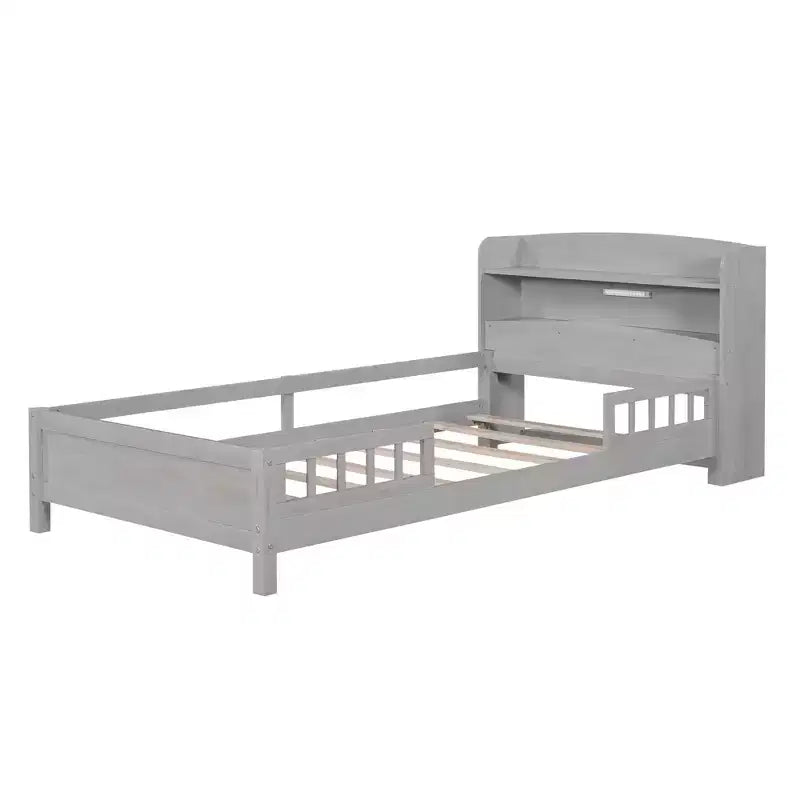Lit Enfant avec Tête de Lit Rangement et Lumière LED Intégrée, Cadre de Lit Plateforme en Bois avec Garde-Corps pour Filles et Garçons