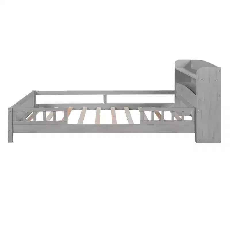 Lit Enfant avec Tête de Lit Rangement et Lumière LED Intégrée, Cadre de Lit Plateforme en Bois avec Garde-Corps pour Filles et Garçons