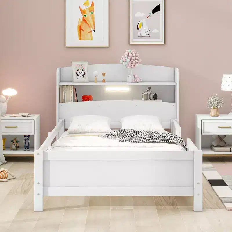 Lit Enfant avec Tête de Lit Rangement et Lumière LED Intégrée, Cadre de Lit Plateforme en Bois avec Garde-Corps pour Filles et Garçons