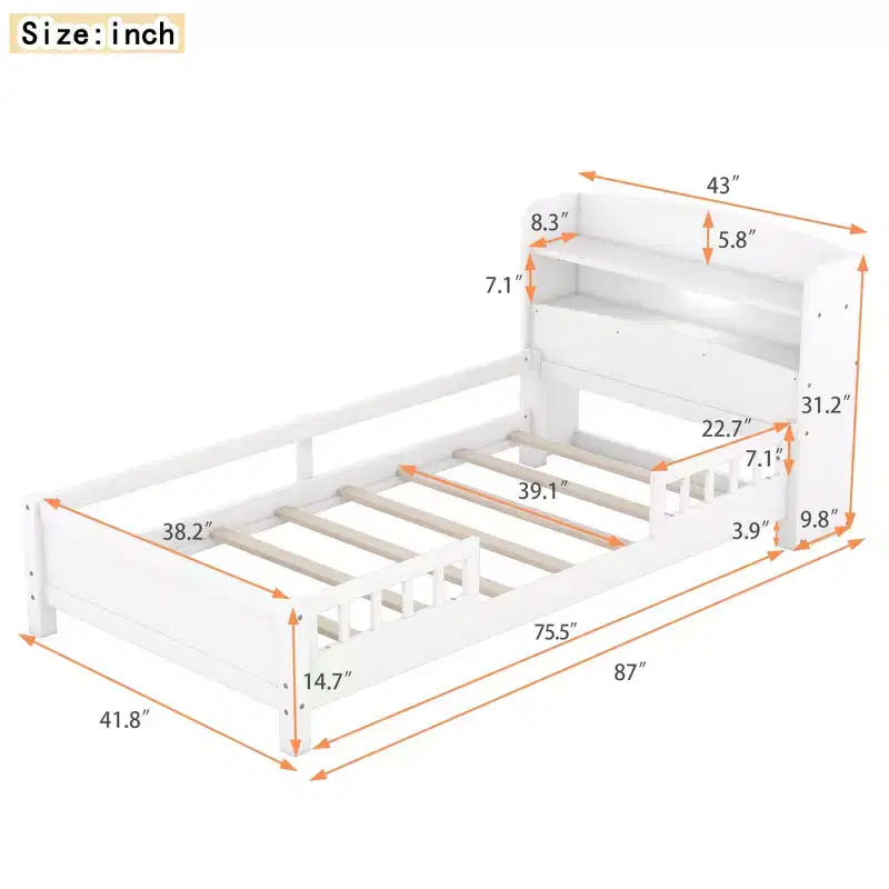 Lit Enfant avec Tête de Lit Rangement et Lumière LED Intégrée, Cadre de Lit Plateforme en Bois avec Garde-Corps pour Filles et Garçons