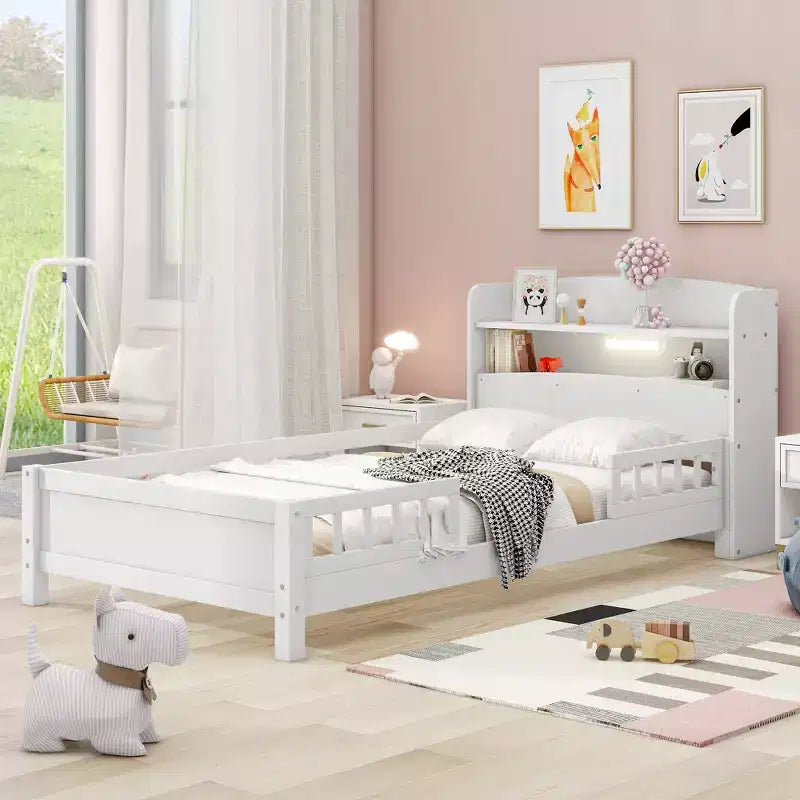 Lit Enfant avec Tête de Lit Rangement et Lumière LED Intégrée, Cadre de Lit Plateforme en Bois avec Garde-Corps pour Filles et Garçons