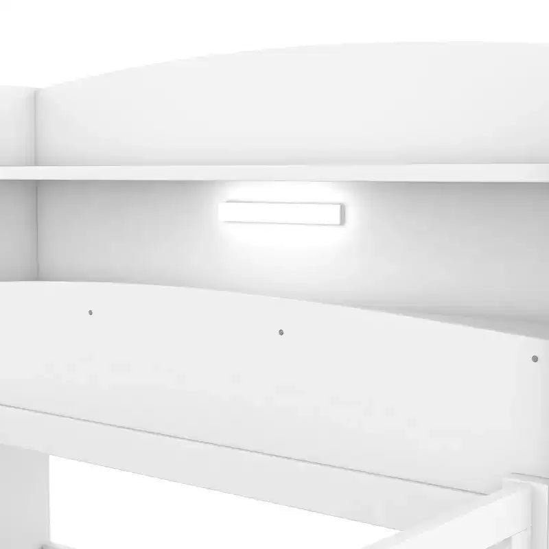 Lit Enfant avec Tête de Lit Rangement et Lumière LED Intégrée, Cadre de Lit Plateforme en Bois avec Garde-Corps pour Filles et Garçons