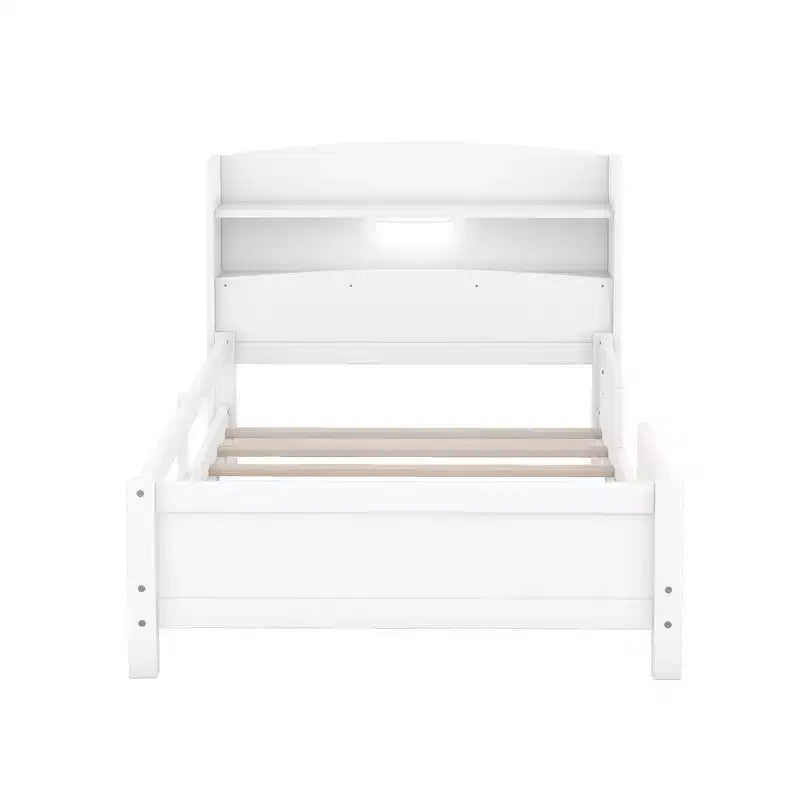 Lit Enfant avec Tête de Lit Rangement et Lumière LED Intégrée, Cadre de Lit Plateforme en Bois avec Garde-Corps pour Filles et Garçons