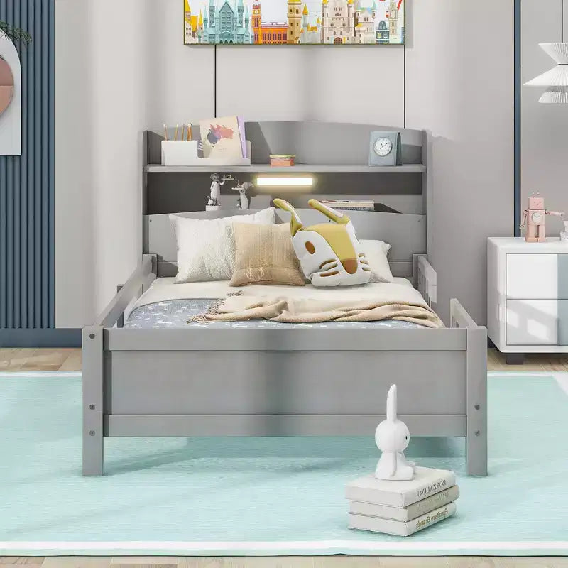 Lit Enfant avec Tête de Lit Rangement et Lumière LED Intégrée, Cadre de Lit Plateforme en Bois avec Garde-Corps pour Filles et Garçons