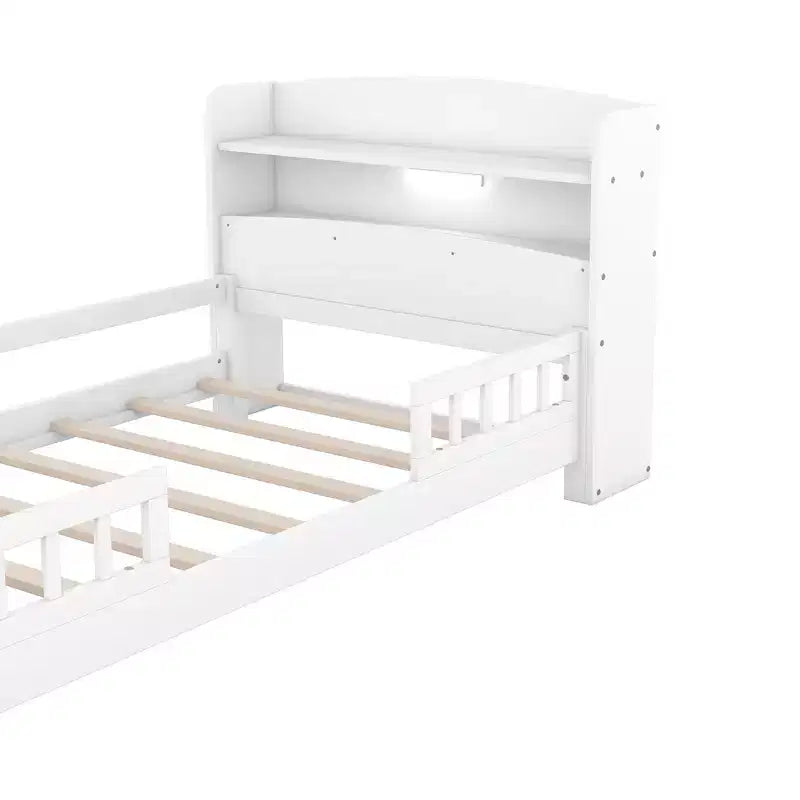 Lit Enfant avec Tête de Lit Rangement et Lumière LED Intégrée, Cadre de Lit Plateforme en Bois avec Garde-Corps pour Filles et Garçons