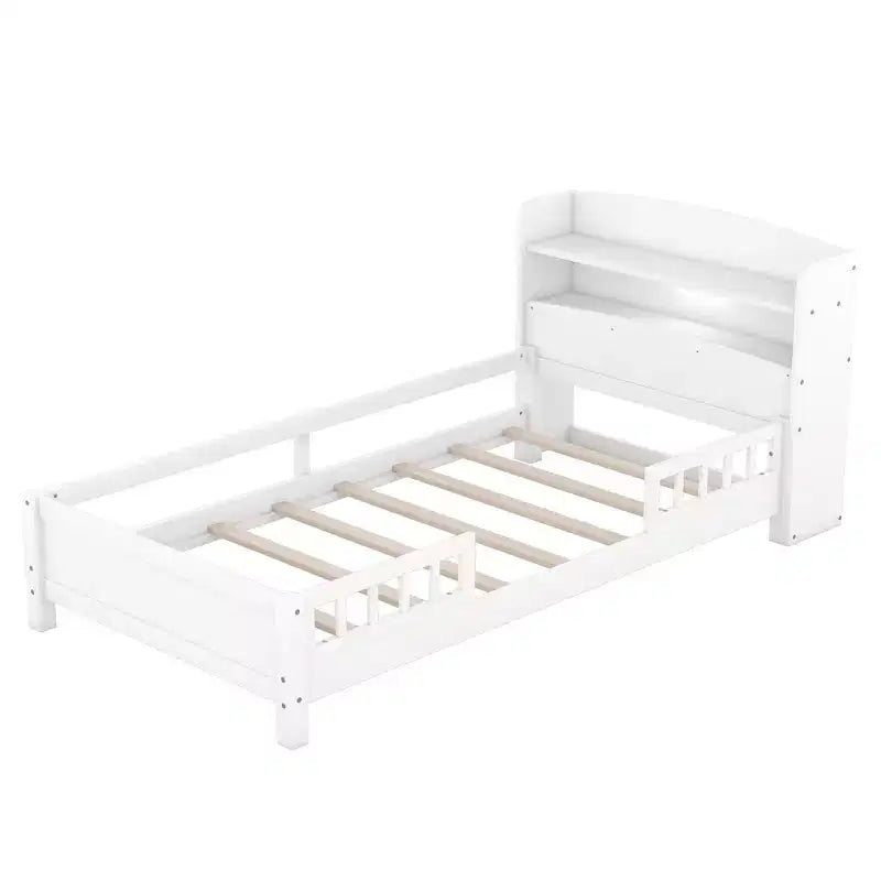 Lit Enfant avec Tête de Lit Rangement et Lumière LED Intégrée, Cadre de Lit Plateforme en Bois avec Garde-Corps pour Filles et Garçons