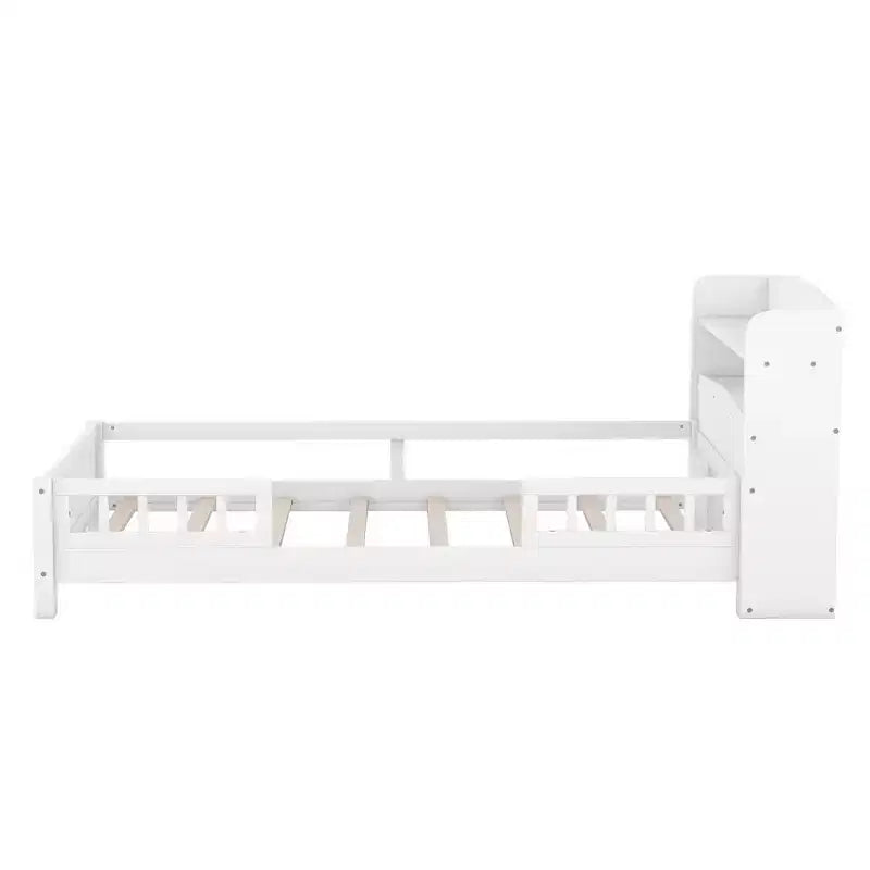 Lit Enfant avec Tête de Lit Rangement et Lumière LED Intégrée, Cadre de Lit Plateforme en Bois avec Garde-Corps pour Filles et Garçons