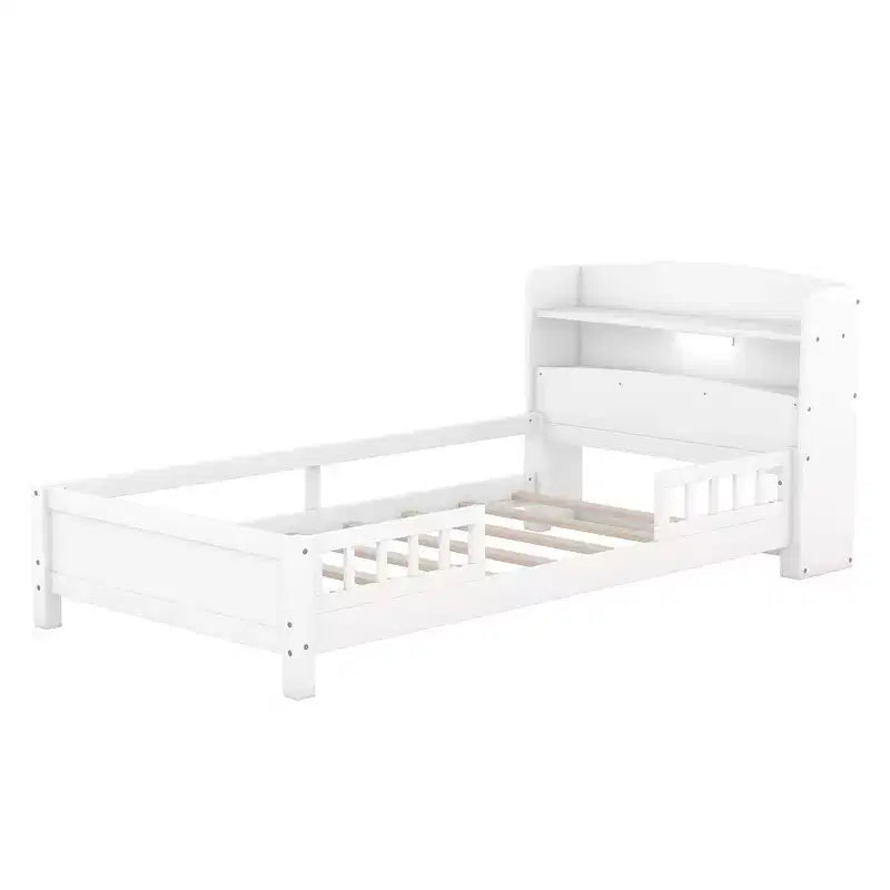 Lit Enfant avec Tête de Lit Rangement et Lumière LED Intégrée, Cadre de Lit Plateforme en Bois avec Garde-Corps pour Filles et Garçons
