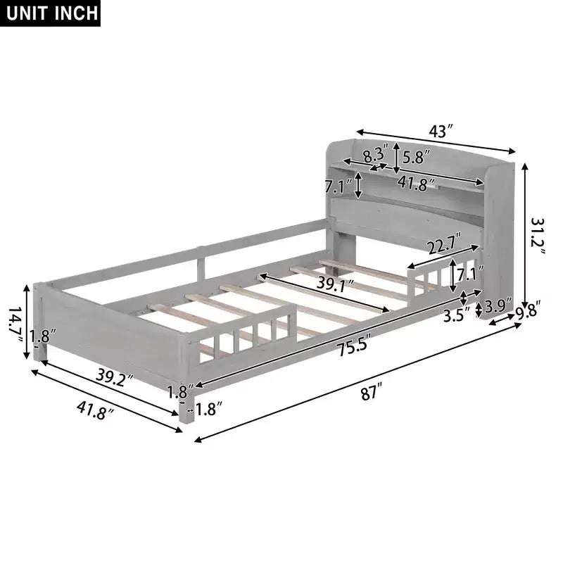 Lit Enfant avec Tête de Lit Rangement et Lumière LED Intégrée, Cadre de Lit Plateforme en Bois avec Garde-Corps pour Filles et Garçons