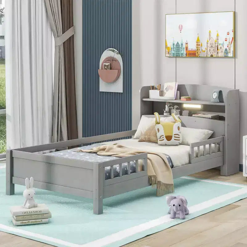 Lit Enfant avec Tête de Lit Rangement et Lumière LED Intégrée, Cadre de Lit Plateforme en Bois avec Garde-Corps pour Filles et Garçons