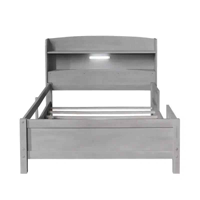 Lit Enfant avec Tête de Lit Rangement et Lumière LED Intégrée, Cadre de Lit Plateforme en Bois avec Garde-Corps pour Filles et Garçons