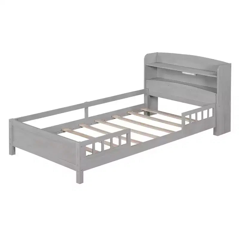 Lit Enfant avec Tête de Lit Rangement et Lumière LED Intégrée, Cadre de Lit Plateforme en Bois avec Garde-Corps pour Filles et Garçons