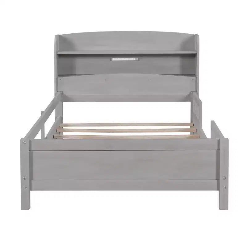 Lit Enfant avec Tête de Lit Rangement et Lumière LED Intégrée, Cadre de Lit Plateforme en Bois avec Garde-Corps pour Filles et Garçons