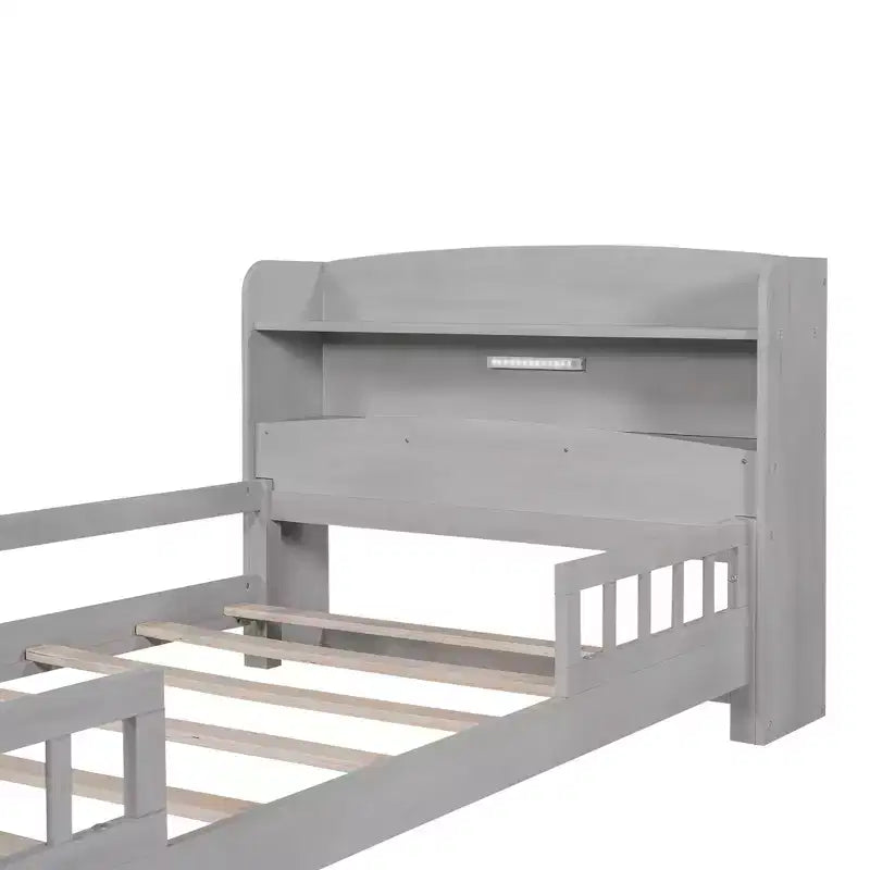 Lit Enfant avec Tête de Lit Rangement et Lumière LED Intégrée, Cadre de Lit Plateforme en Bois avec Garde-Corps pour Filles et Garçons