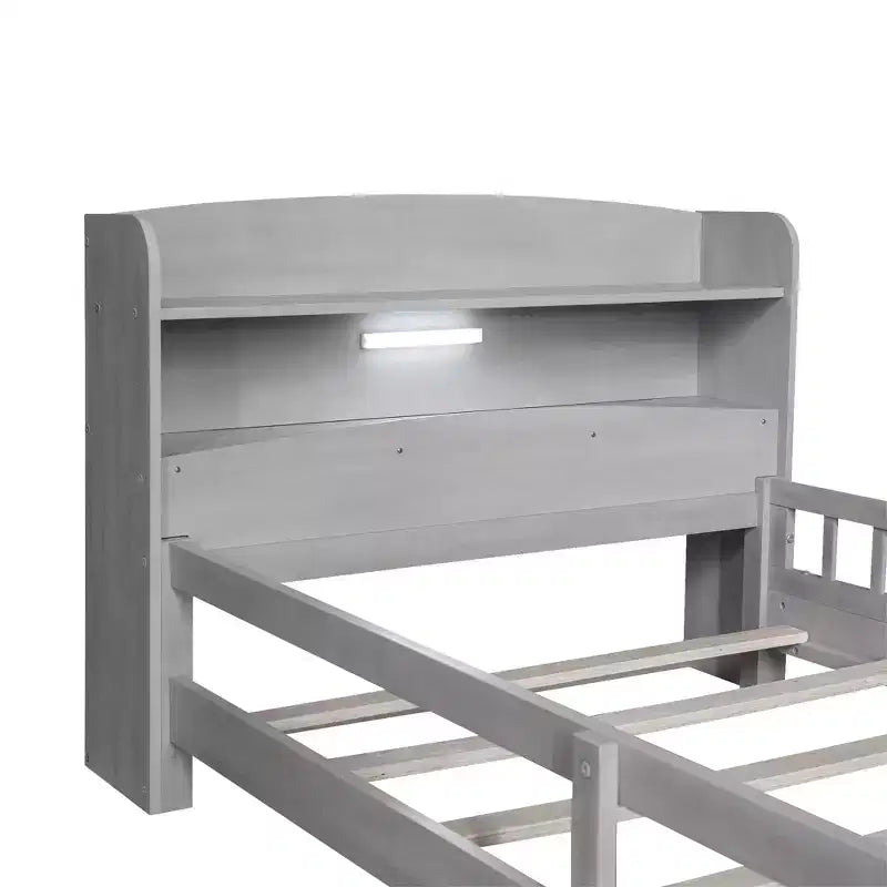 Lit Enfant avec Tête de Lit Rangement et Lumière LED Intégrée, Cadre de Lit Plateforme en Bois avec Garde-Corps pour Filles et Garçons