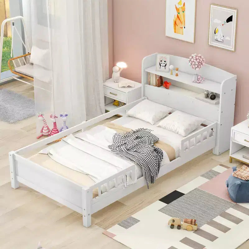 Lit Enfant avec Tête de Lit Rangement et Lumière LED Intégrée, Cadre de Lit Plateforme en Bois avec Garde-Corps pour Filles et Garçons
