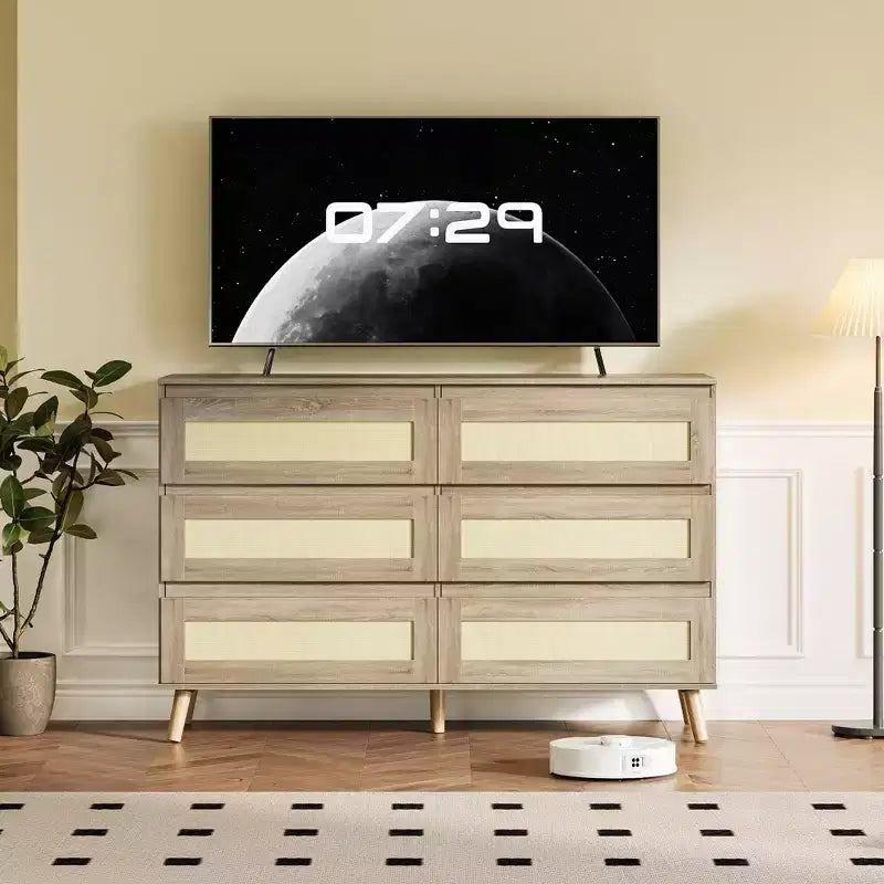 Commode en rotin pour chambre à coucher avec 8 tiroirs, commode large de 120 cm, meuble TV double moderne en bois avec pieds en bois