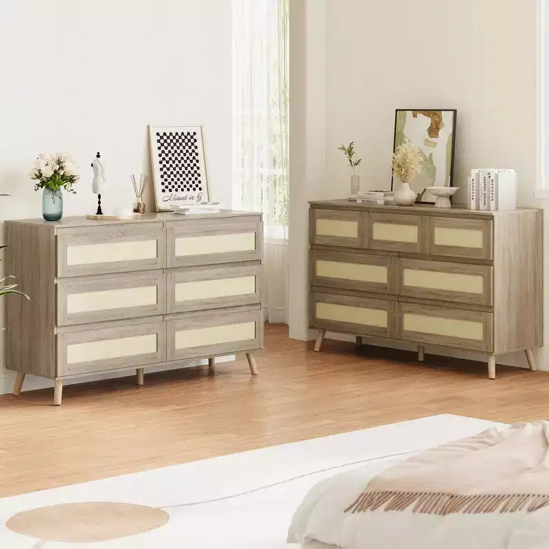 Commode en rotin pour chambre à coucher avec 8 tiroirs, commode large de 120 cm, meuble TV double moderne en bois avec pieds en bois
