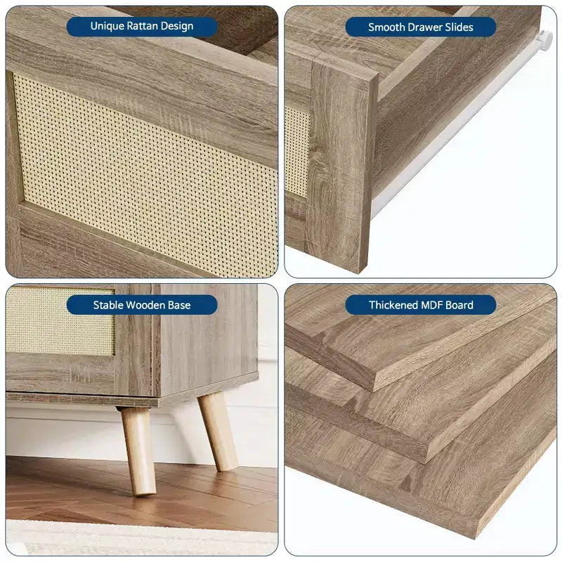 Commode en rotin pour chambre à coucher avec 8 tiroirs, commode large de 120 cm, meuble TV double moderne en bois avec pieds en bois
