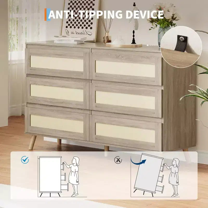 Commode en rotin pour chambre à coucher avec 8 tiroirs, commode large de 120 cm, meuble TV double moderne en bois avec pieds en bois