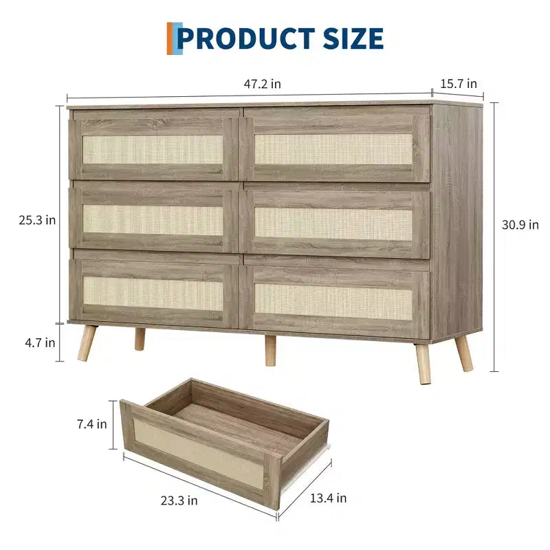 Commode en rotin pour chambre à coucher avec 8 tiroirs, commode large de 120 cm, meuble TV double moderne en bois avec pieds en bois