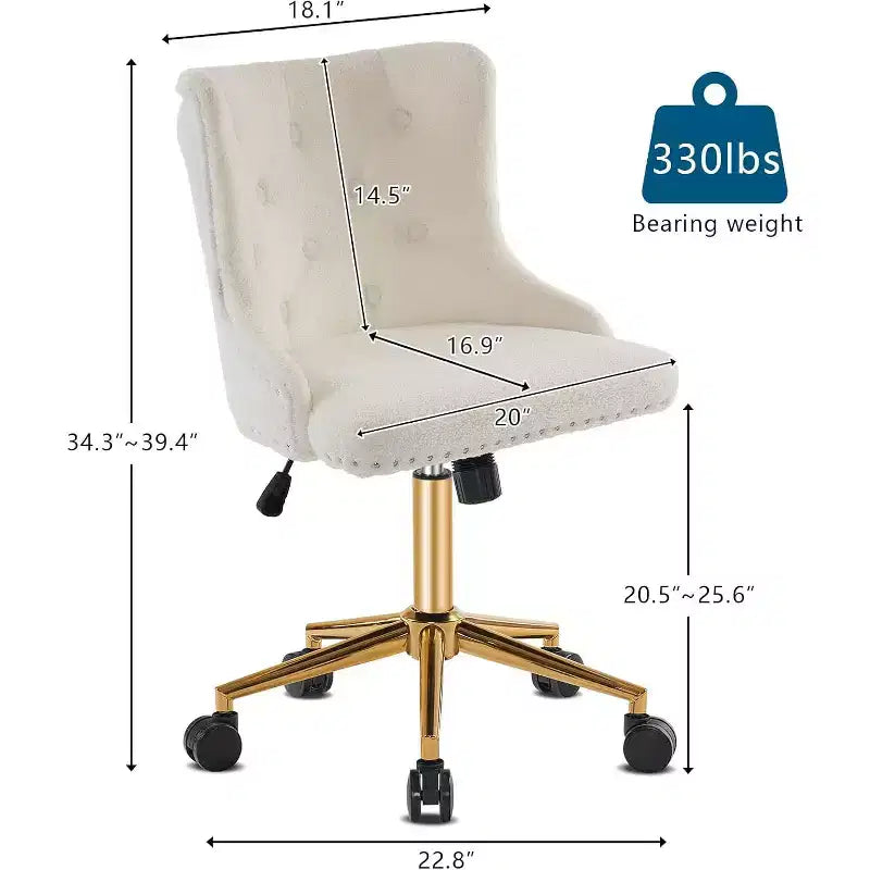 Fauteuil de bureau sans accoudoirs en polaire blanche avec base/roues dorées, jolie chaise de coiffeuse/maquillage, chaise de manucure pivotante réglable