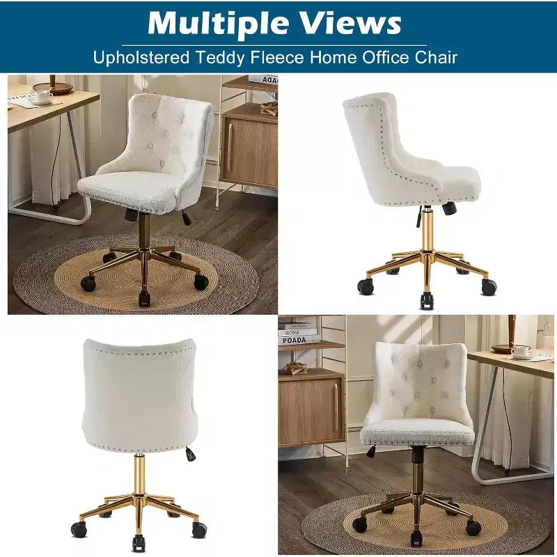 Fauteuil de bureau sans accoudoirs en polaire blanche avec base/roues dorées, jolie chaise de coiffeuse/maquillage, chaise de manucure pivotante réglable