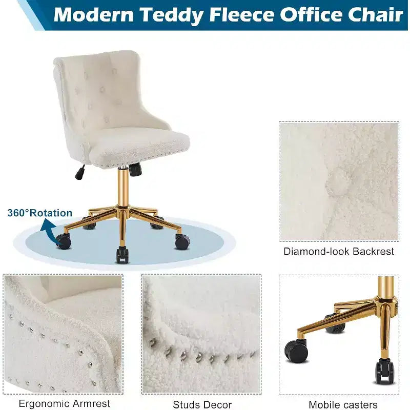 Fauteuil de bureau sans accoudoirs en polaire blanche avec base/roues dorées, jolie chaise de coiffeuse/maquillage, chaise de manucure pivotante réglable