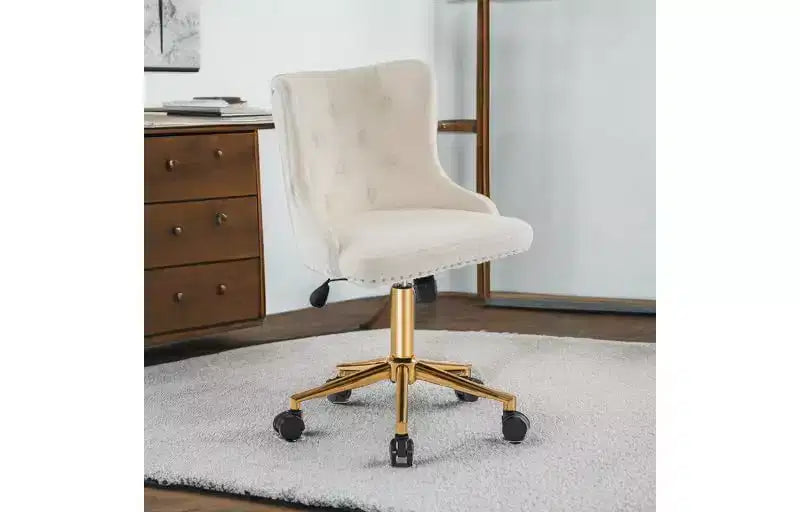 Fauteuil de bureau sans accoudoirs en polaire blanche avec base/roues dorées, jolie chaise de coiffeuse/maquillage, chaise de manucure pivotante réglable