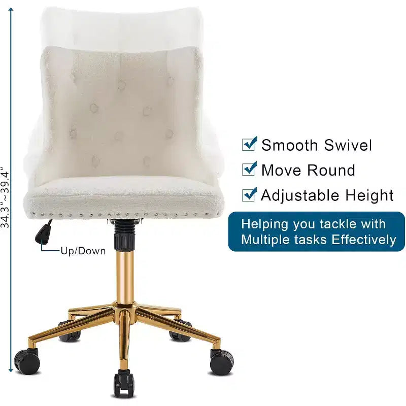 Fauteuil de bureau sans accoudoirs en polaire blanche avec base/roues dorées, jolie chaise de coiffeuse/maquillage, chaise de manucure pivotante réglable