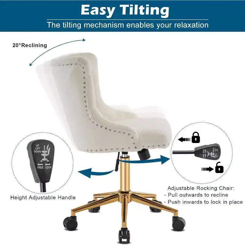 Fauteuil de bureau sans accoudoirs en polaire blanche avec base/roues dorées, jolie chaise de coiffeuse/maquillage, chaise de manucure pivotante réglable