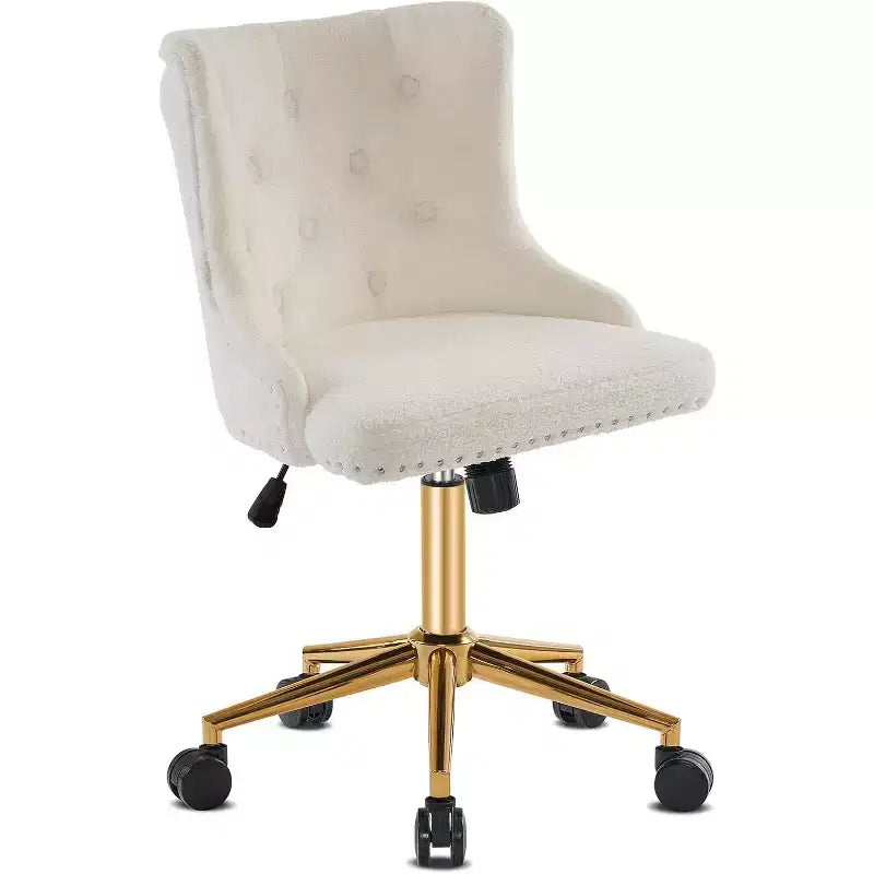 Fauteuil de bureau sans accoudoirs en polaire blanche avec base/roues dorées, jolie chaise de coiffeuse/maquillage, chaise de manucure pivotante réglable