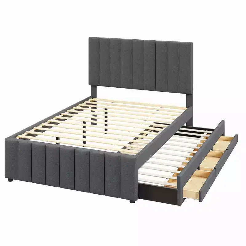 Lit plateforme capitonné en lin double avec lit gigogne et 3 tiroirs de rangement