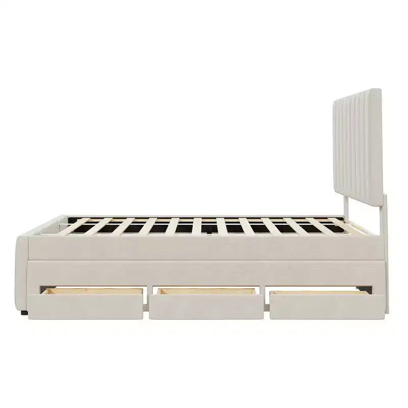 Lit plateforme capitonné en lin double avec lit gigogne et 3 tiroirs de rangement