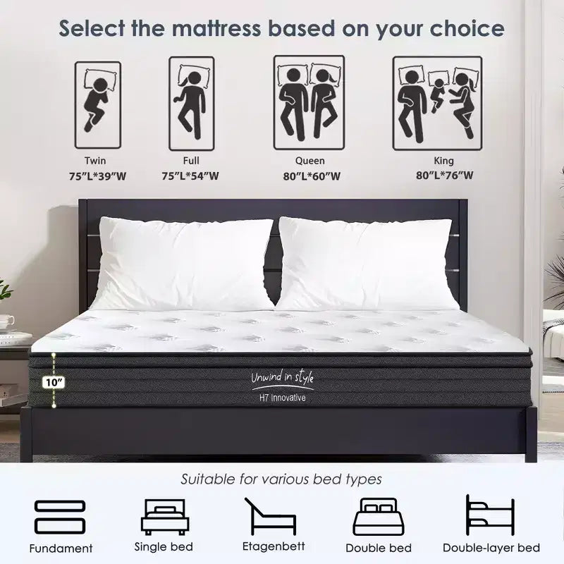 Matelas à ressorts ensachés individuellement, matelas hybride mi-ferme, matelas en mousse à mémoire de forme pour la maison et l'hôtel