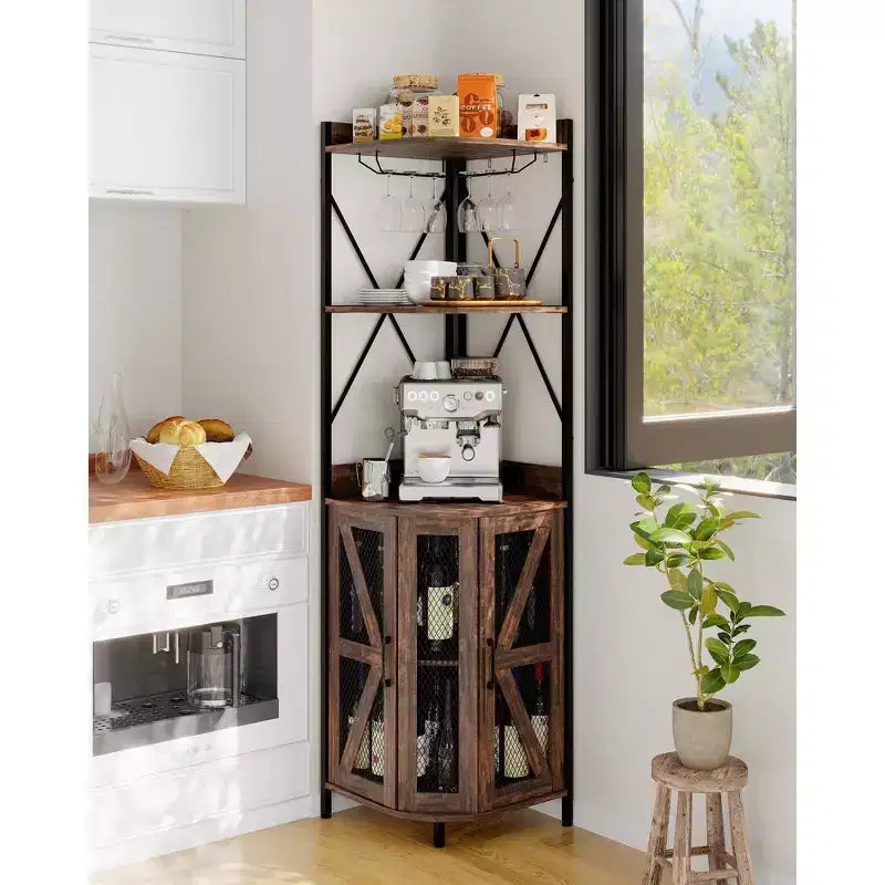 Meuble de bar d'angle à 5 niveaux avec casier à verres