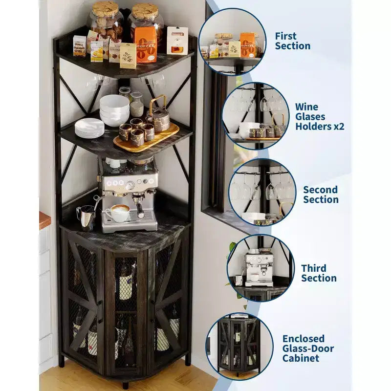 Meuble de bar d'angle à 5 niveaux avec casier à verres