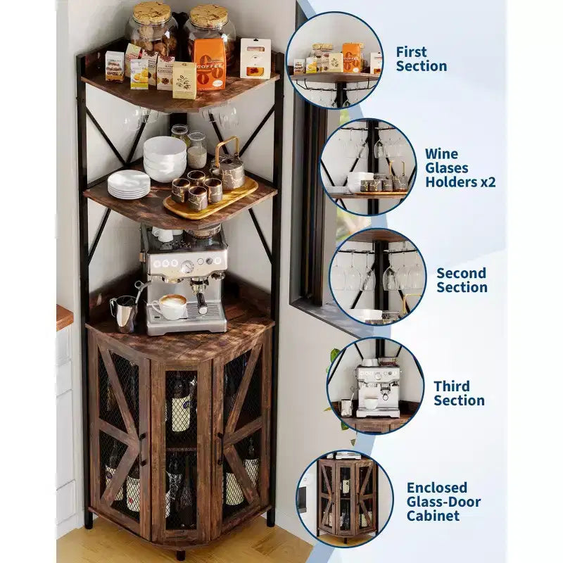 Meuble de bar d'angle à 5 niveaux avec casier à verres