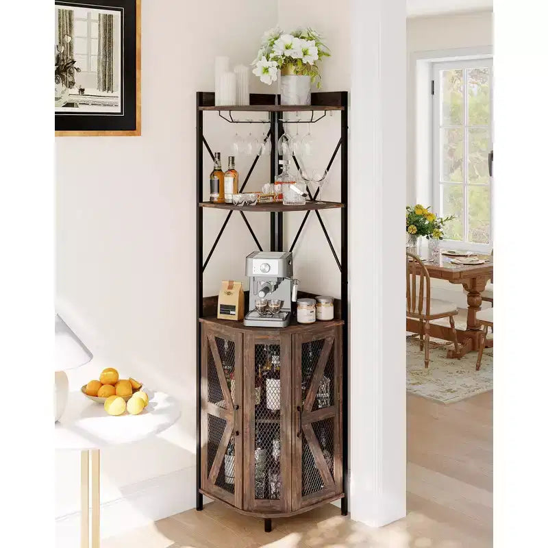 Meuble de bar d'angle à 5 niveaux avec casier à verres