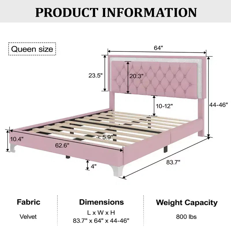 Cadre de lit Queen rembourré avec lumières LED, lit plateforme en velours avec tête de lit capitonnée, rose