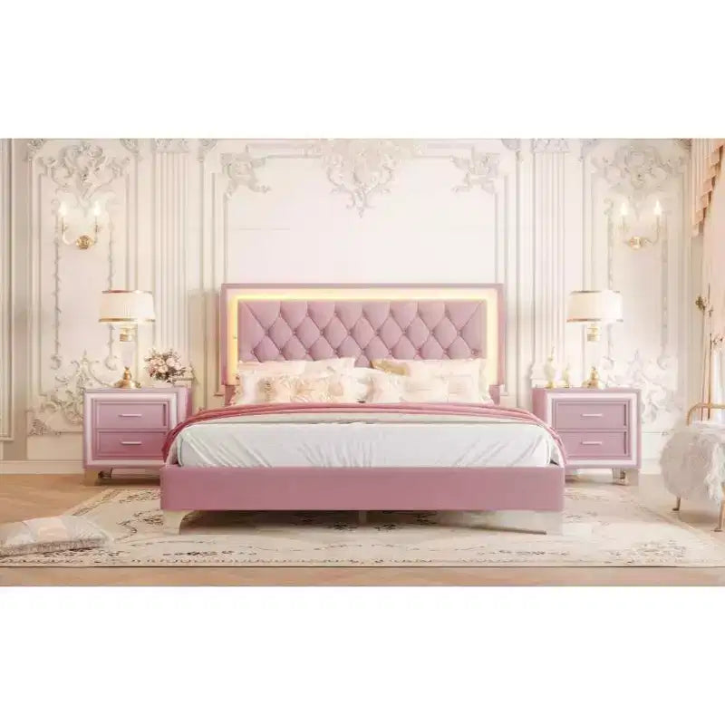 Cadre de lit Queen rembourré avec lumières LED, lit plateforme en velours avec tête de lit capitonnée, rose