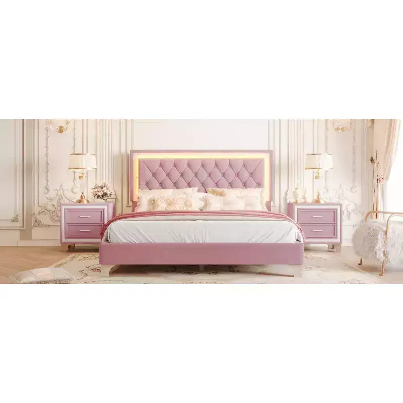 Cadre de lit Queen rembourré avec lumières LED, lit plateforme en velours avec tête de lit capitonnée, rose