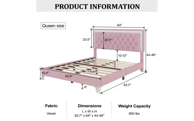 Cadre de lit Queen rembourré avec lumières LED, lit plateforme en velours avec tête de lit capitonnée, rose