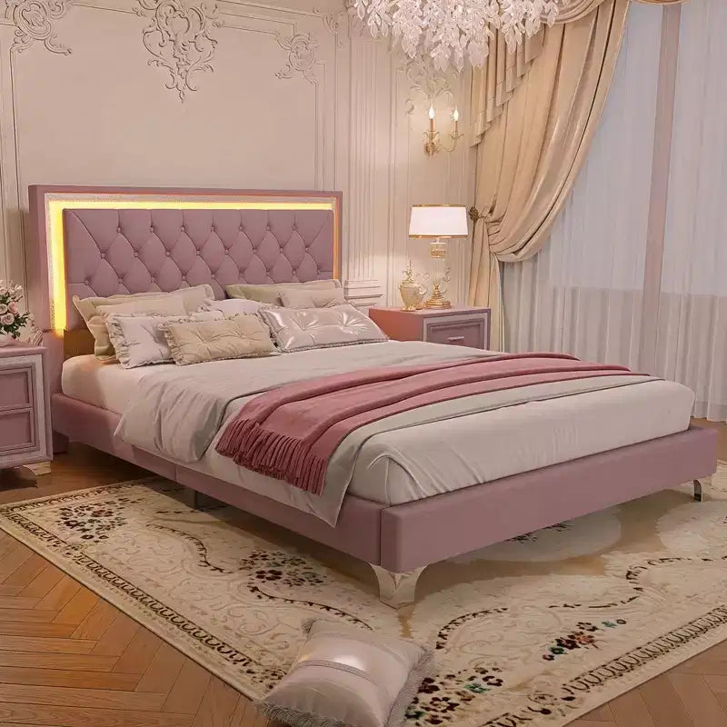 Cadre de lit Queen rembourré avec lumières LED, lit plateforme en velours avec tête de lit capitonnée, rose