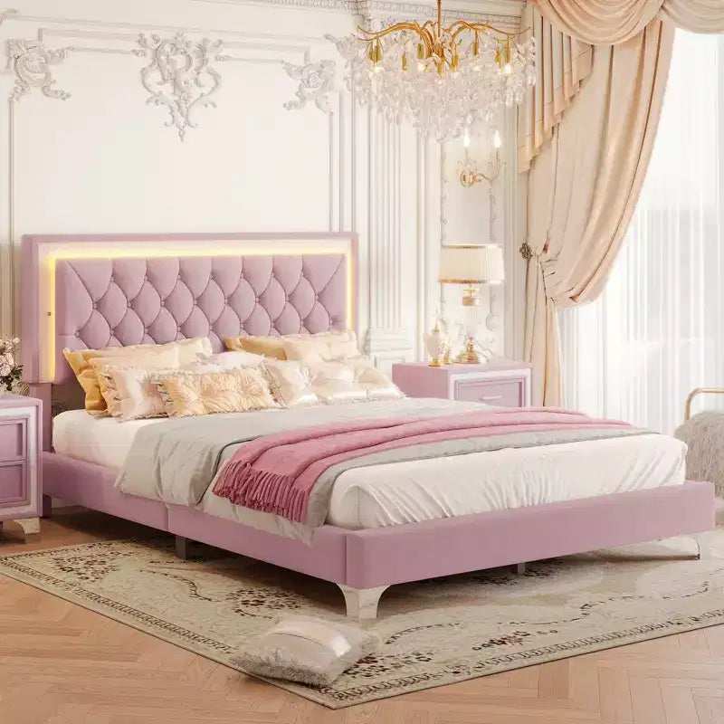Cadre de lit Queen rembourré avec lumières LED, lit plateforme en velours avec tête de lit capitonnée, rose